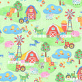 Busy farm scene barns windmills tractors horses cows goats sheep pigs roosters chicks cats dogs soft green kids novelty fabric for children's quilts nursery décor and wall hangings
