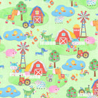Busy farm scene barns windmills tractors horses cows goats sheep pigs roosters chicks cats dogs soft green kids novelty fabric for children's quilts nursery décor and wall hangings
