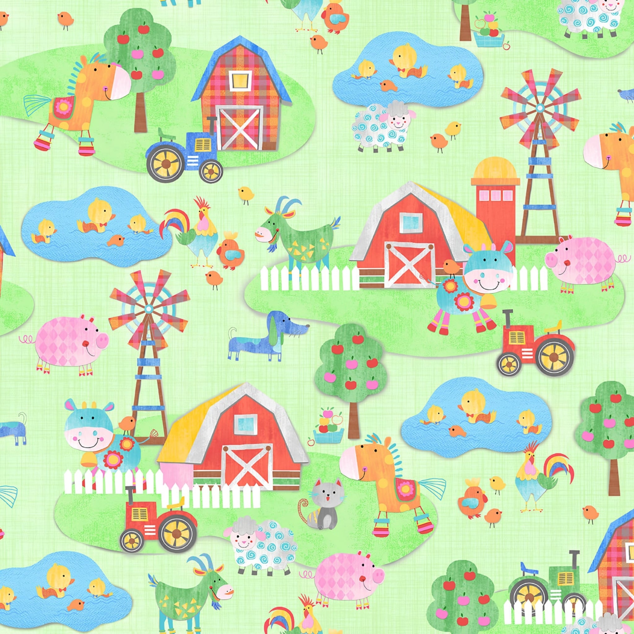 Busy farm scene barns windmills tractors horses cows goats sheep pigs roosters chicks cats dogs soft green kids novelty fabric for children's quilts nursery décor and wall hangings