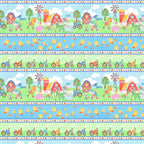 Farm stripe fabric light blue with animals barns ducklings tractors and apple border for children's quilts and farm-themed projects