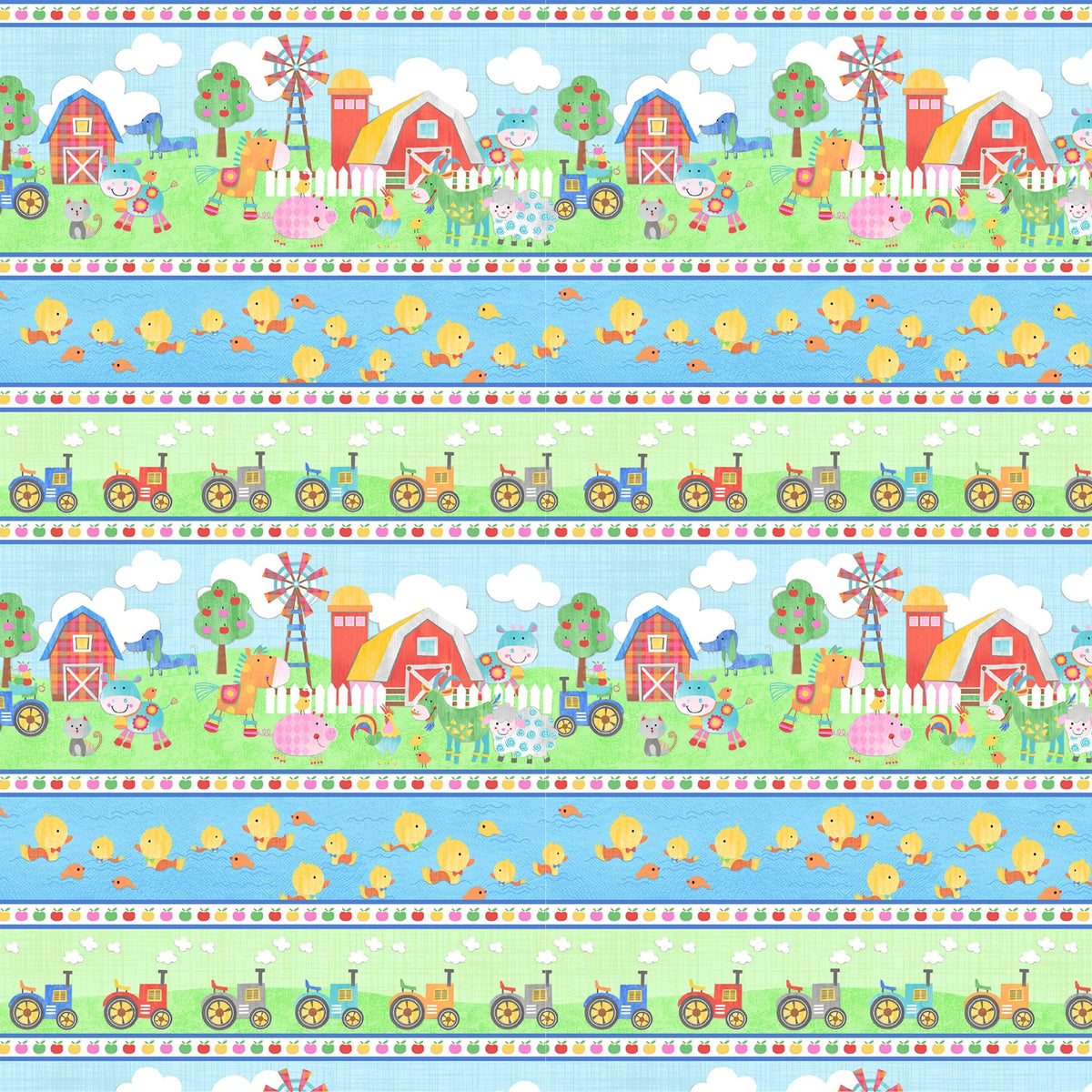 Farm stripe fabric light blue with animals barns ducklings tractors and apple border for children's quilts and farm-themed projects
