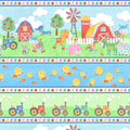 Farm stripe fabric light blue with animals barns ducklings tractors and apple border for children's quilts and farm-themed projects