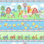 Farm stripe fabric light blue with animals barns ducklings tractors and apple border for children's quilts and farm-themed projects