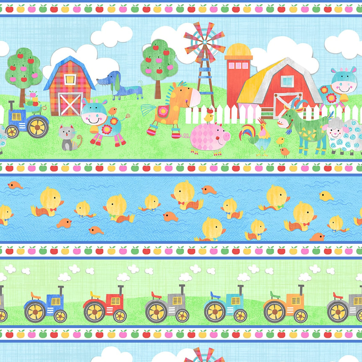 Farm stripe fabric light blue with animals barns ducklings tractors and apple border for children's quilts and farm-themed projects