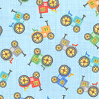 Tossed colourful tractors red blue green orange teal grey light blue kids novelty farm fabric for children's quilts and boys' quilts