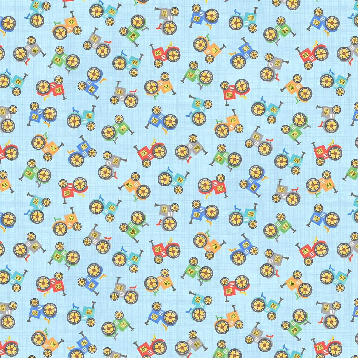 Tossed colourful tractors red blue green orange teal grey light blue kids novelty farm fabric for children's quilts and boys' quilts