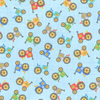Tossed colourful tractors red blue green orange teal grey light blue kids novelty farm fabric for children's quilts and boys' quilts