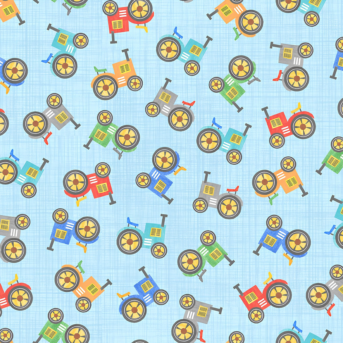 Tossed colourful tractors red blue green orange teal grey light blue kids novelty farm fabric for children's quilts and boys' quilts
