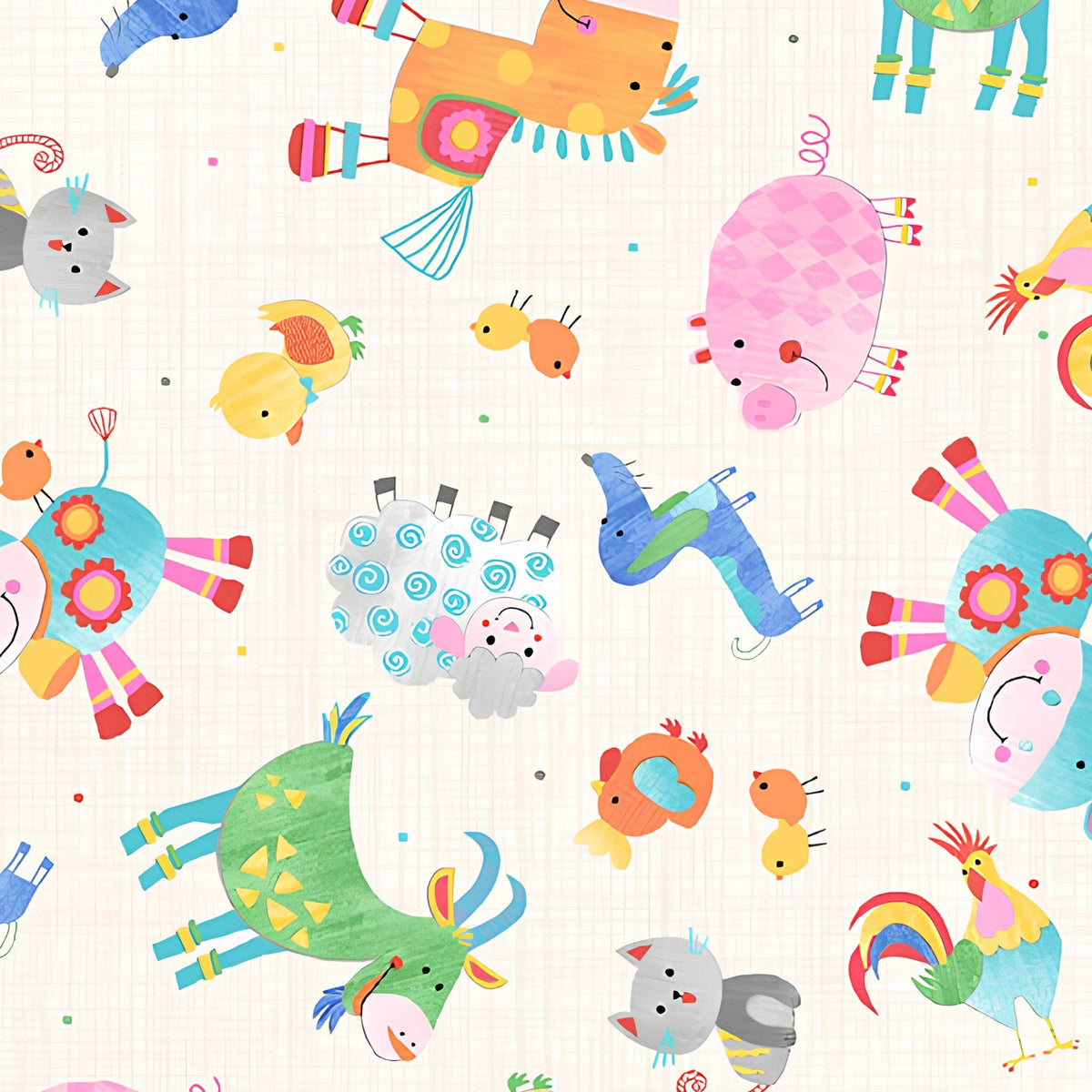 Tossed farm animals cows pigs goats sheep roosters cats chicks ivory kids novelty fabric for children's quilts baby quilts and nursery décor