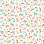 Tossed farm animals cows pigs goats sheep roosters cats chicks ivory kids novelty fabric for children's quilts baby quilts and nursery décor
