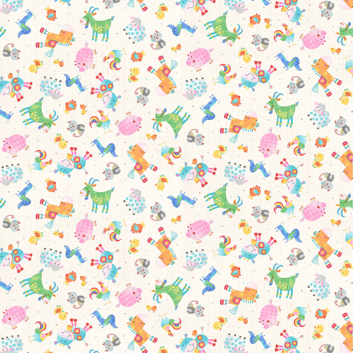 Tossed farm animals cows pigs goats sheep roosters cats chicks ivory kids novelty fabric for children's quilts baby quilts and nursery décor