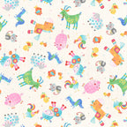 Tossed farm animals cows pigs goats sheep roosters cats chicks ivory kids novelty fabric for children's quilts baby quilts and nursery décor