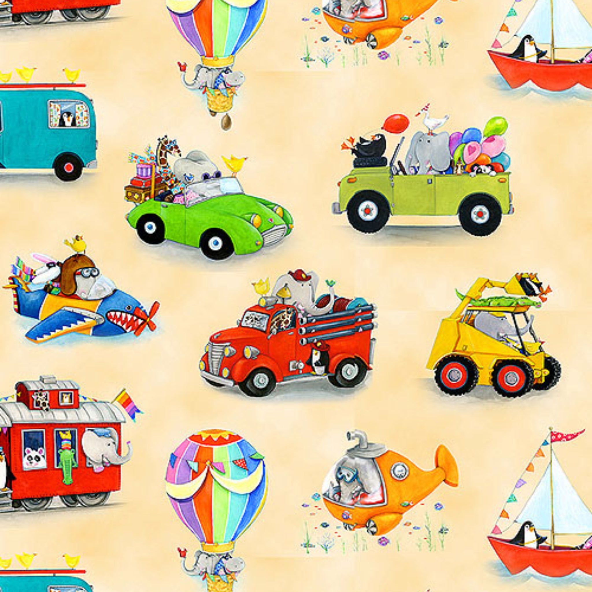 Cartoon zoo animals elephants giraffes penguins pandas hot air balloon submarine train plane sailboat cream fabric for children's quilts nursery décor kids sewing projects