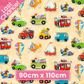 Illustrated zoo animals elephants giraffes penguins pandas hot air balloon submarine train plane sailboat cream fabric for children's quilts nursery décor kids sewing projects
