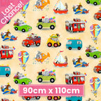 Illustrated zoo animals elephants giraffes penguins pandas hot air balloon submarine train plane sailboat cream fabric for children's quilts nursery décor kids sewing projects
