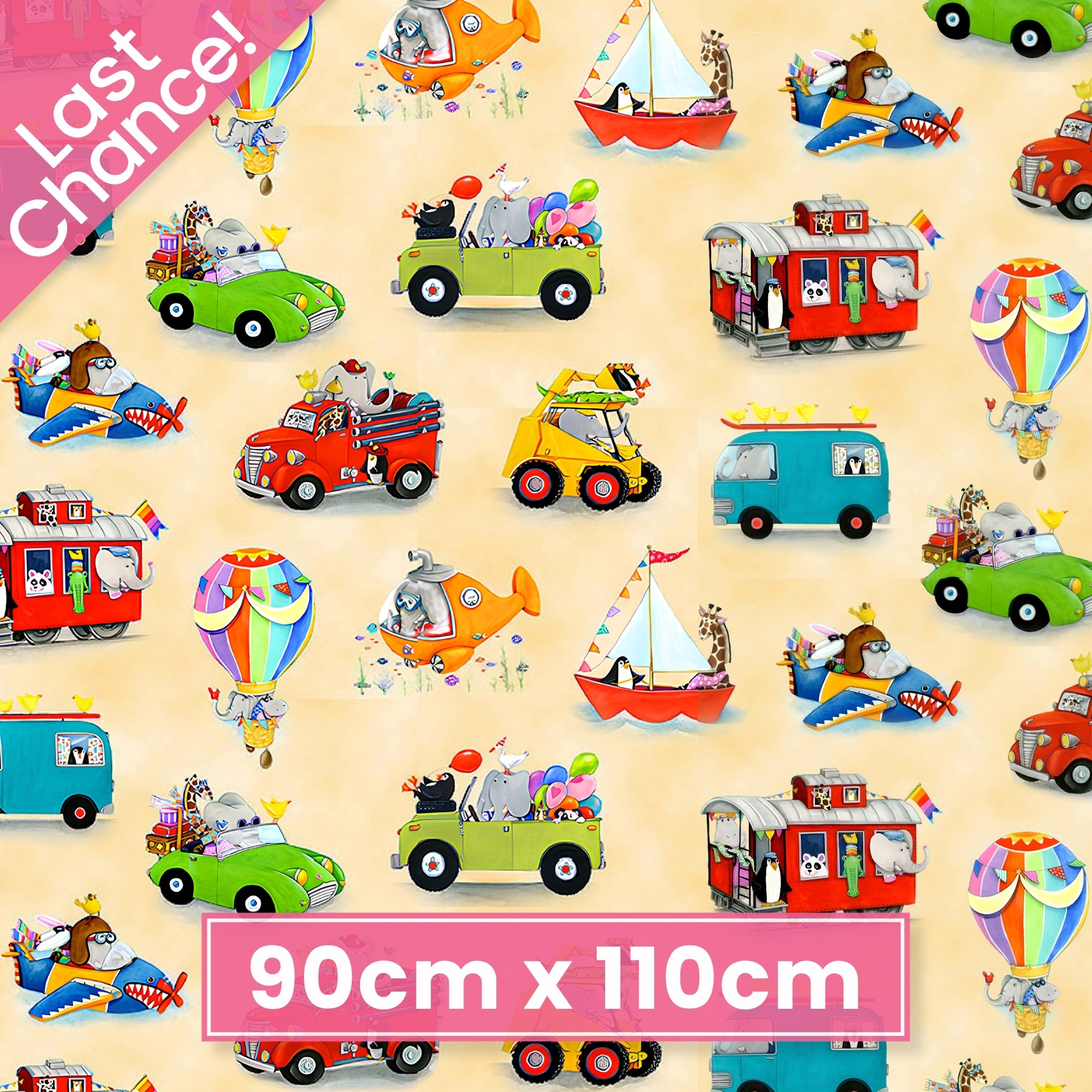 Illustrated zoo animals elephants giraffes penguins pandas hot air balloon submarine train plane sailboat cream fabric for children's quilts nursery décor kids sewing projects