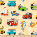 Novelty zoo animals elephants giraffes penguins pandas hot air balloon submarine train plane sailboat cream fabric for children's quilts nursery décor kids sewing projects