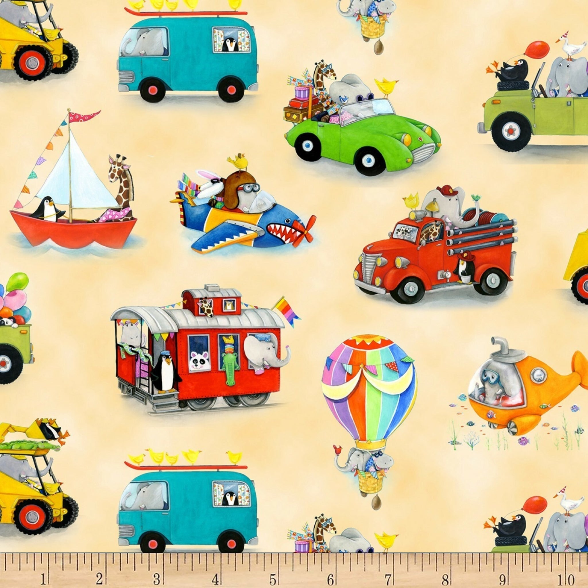 Novelty zoo animals elephants giraffes penguins pandas hot air balloon submarine train plane sailboat cream fabric for children's quilts nursery décor kids sewing projects
