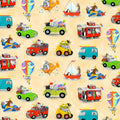 Illustrated zoo animals elephants giraffes penguins pandas hot air balloon submarine train plane sailboat cream fabric for children's quilts nursery décor kids sewing projects