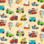 Illustrated zoo animals elephants giraffes penguins pandas hot air balloon submarine train plane sailboat cream fabric for children's quilts nursery décor kids sewing projects