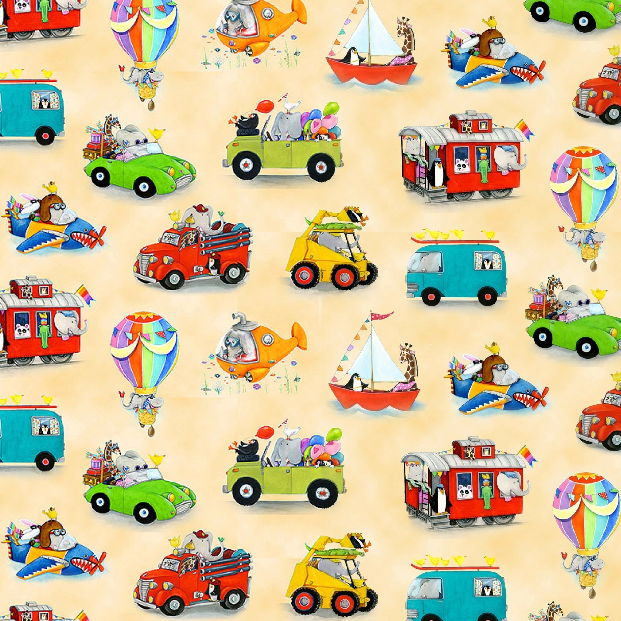Illustrated zoo animals elephants giraffes penguins pandas hot air balloon submarine train plane sailboat cream fabric for children's quilts nursery décor kids sewing projects