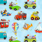 Cartoon zoo animals elephants giraffes penguins pandas hot air balloon submarine train plane sailboat sky blue fabric for children's quilts nursery décor kids sewing projects