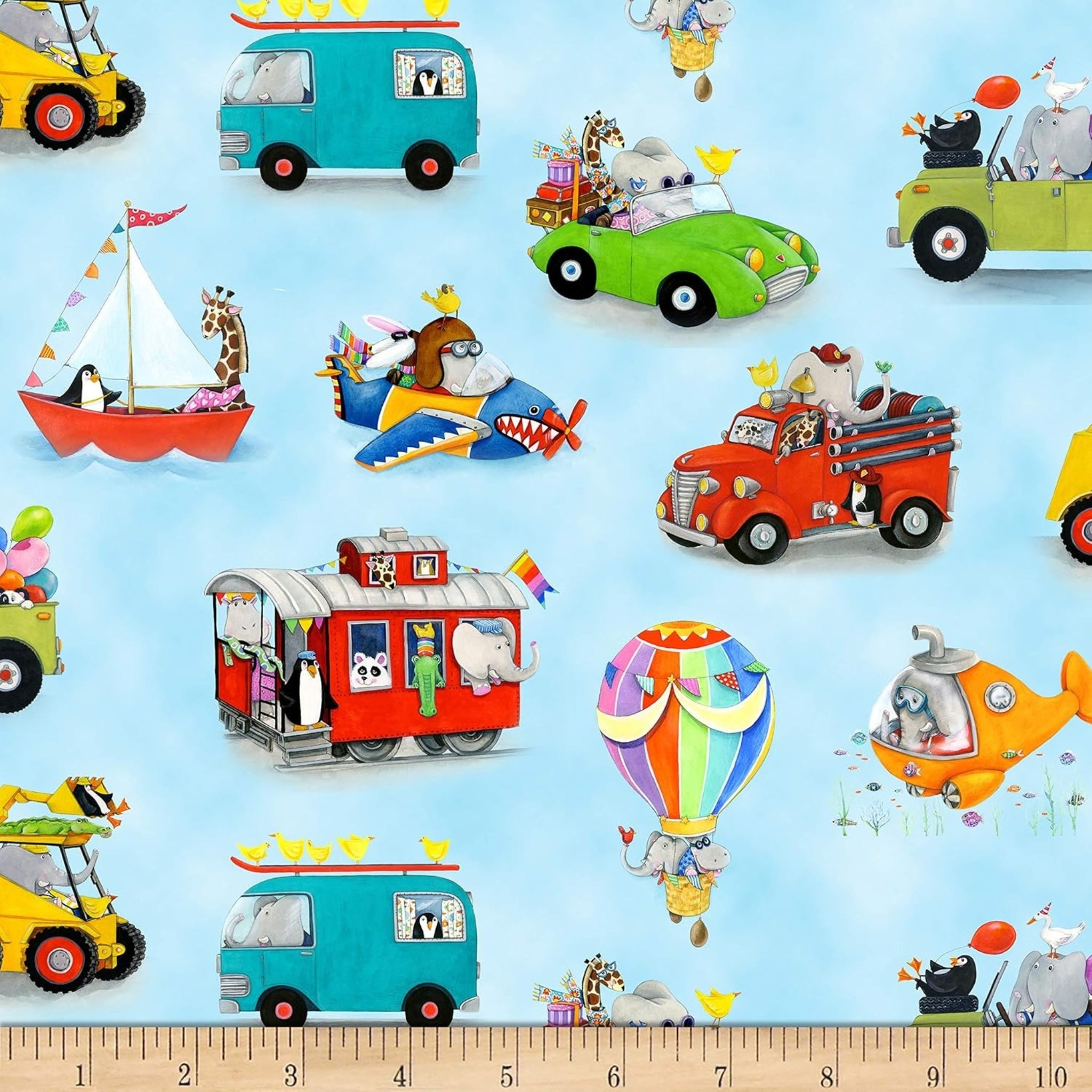 Novelty zoo animals elephants giraffes penguins pandas hot air balloon submarine train plane sailboat sky blue fabric for children's quilts nursery décor kids sewing projects