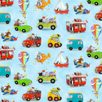 Illustrated zoo animals elephants giraffes penguins pandas hot air balloon submarine train plane sailboat sky blue fabric for children's quilts nursery décor kids sewing projects