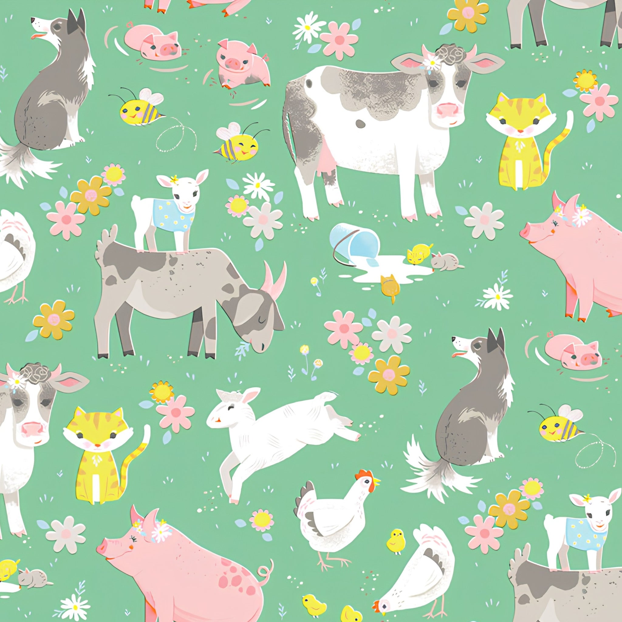 Farm animals cows pigs dogs goats lambs hens chicks cats rabbits bright green fabric for children's quilts nursery décor and farm-themed projects