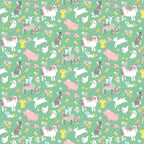 Farm animals cows pigs dogs goats lambs hens chicks cats rabbits bright green fabric for children's quilts nursery décor and farm-themed projects