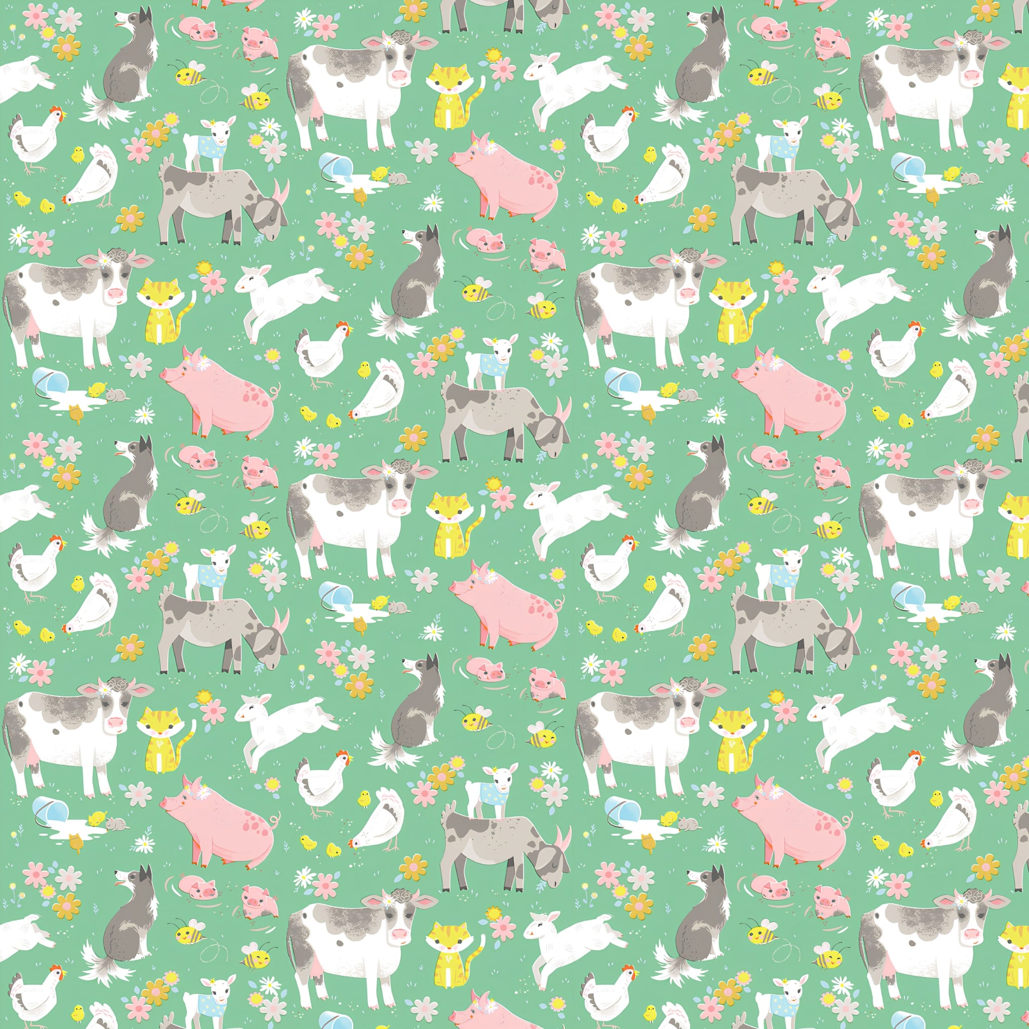 Farm animals cows pigs dogs goats lambs hens chicks cats rabbits bright green fabric for children's quilts nursery décor and farm-themed projects