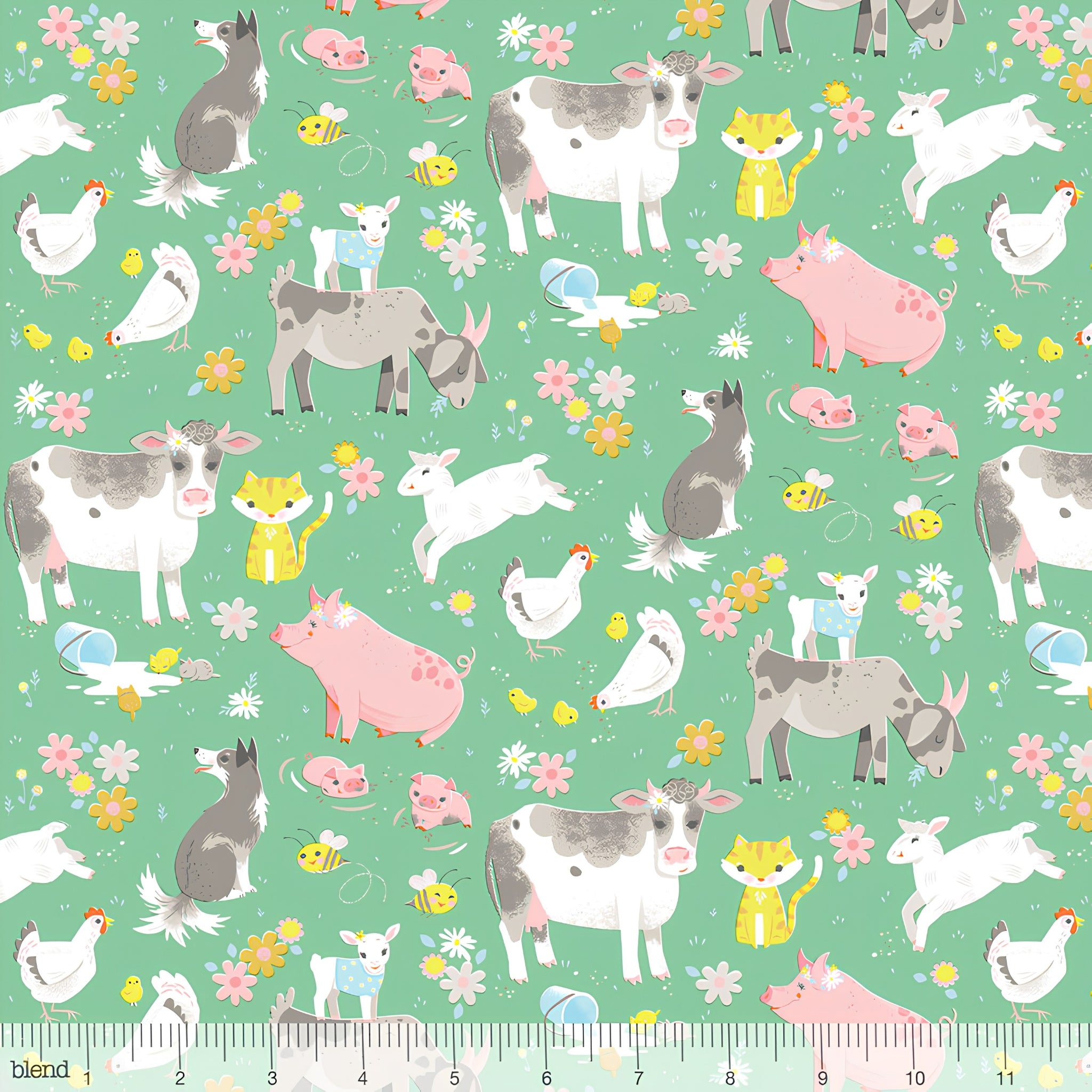 Farm animals cows pigs dogs goats lambs hens chicks cats rabbits bright green fabric for children's quilts nursery décor and farm-themed projects
