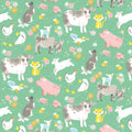 Farm animals cows pigs dogs goats lambs hens chicks cats rabbits bright green fabric for children's quilts nursery décor and farm-themed projects