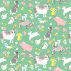 Farm animals cows pigs dogs goats lambs hens chicks cats rabbits bright green fabric for children's quilts nursery décor and farm-themed projects