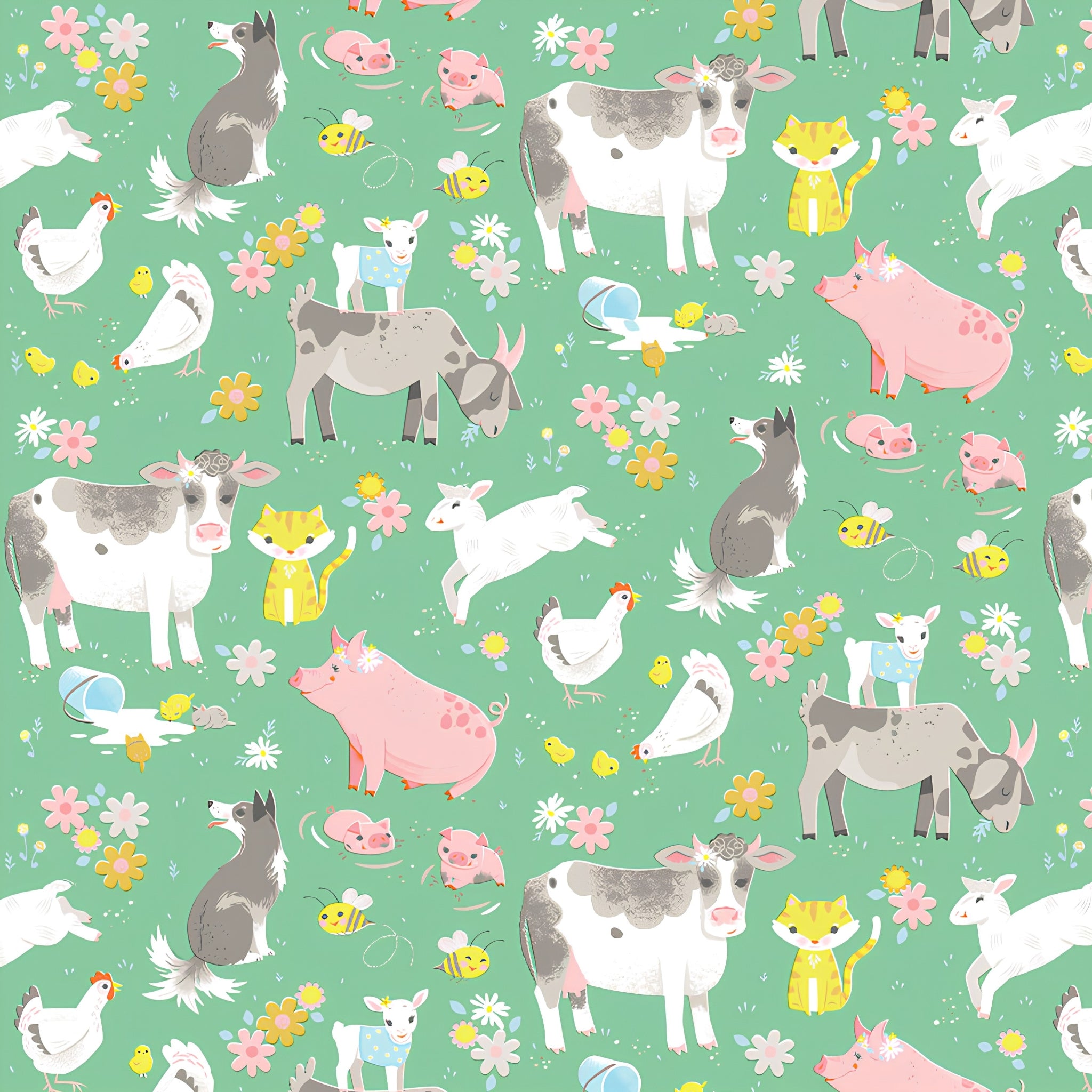 Farm animals cows pigs dogs goats lambs hens chicks cats rabbits bright green fabric for children's quilts nursery décor and farm-themed projects