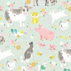 Farm animals cows pigs dogs goats lambs hens chicks cats rabbits soft mint grey fabric for children's quilts nursery décor and farm-themed projects