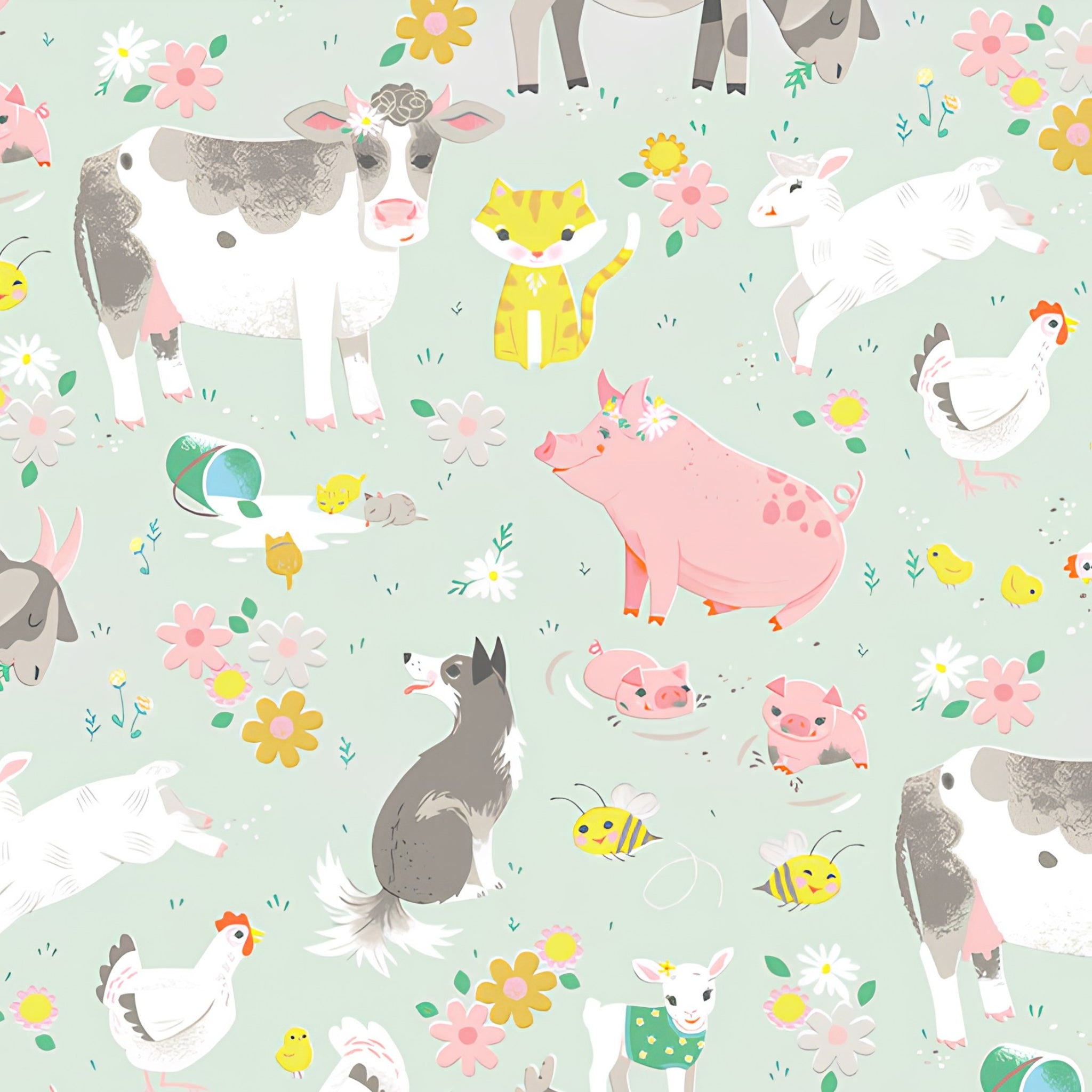 Farm animals cows pigs dogs goats lambs hens chicks cats rabbits soft mint grey fabric for children's quilts nursery décor and farm-themed projects