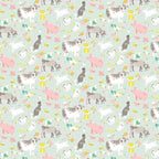 Farm animals cows pigs dogs goats lambs hens chicks cats rabbits soft mint grey fabric for children's quilts nursery décor and farm-themed projects