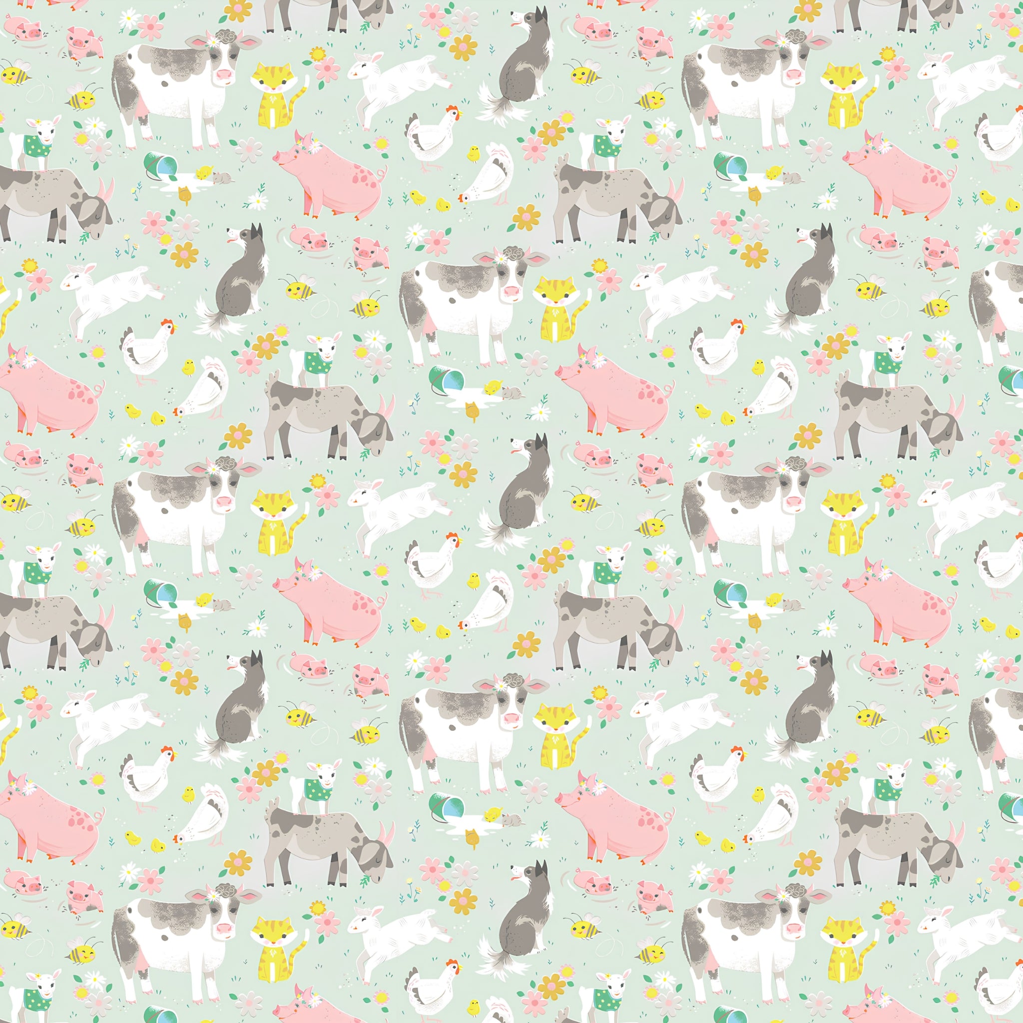 Farm animals cows pigs dogs goats lambs hens chicks cats rabbits soft mint grey fabric for children's quilts nursery décor and farm-themed projects