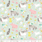 Farm animals cows pigs dogs goats lambs hens chicks cats rabbits soft mint grey fabric for children's quilts nursery décor and farm-themed projects