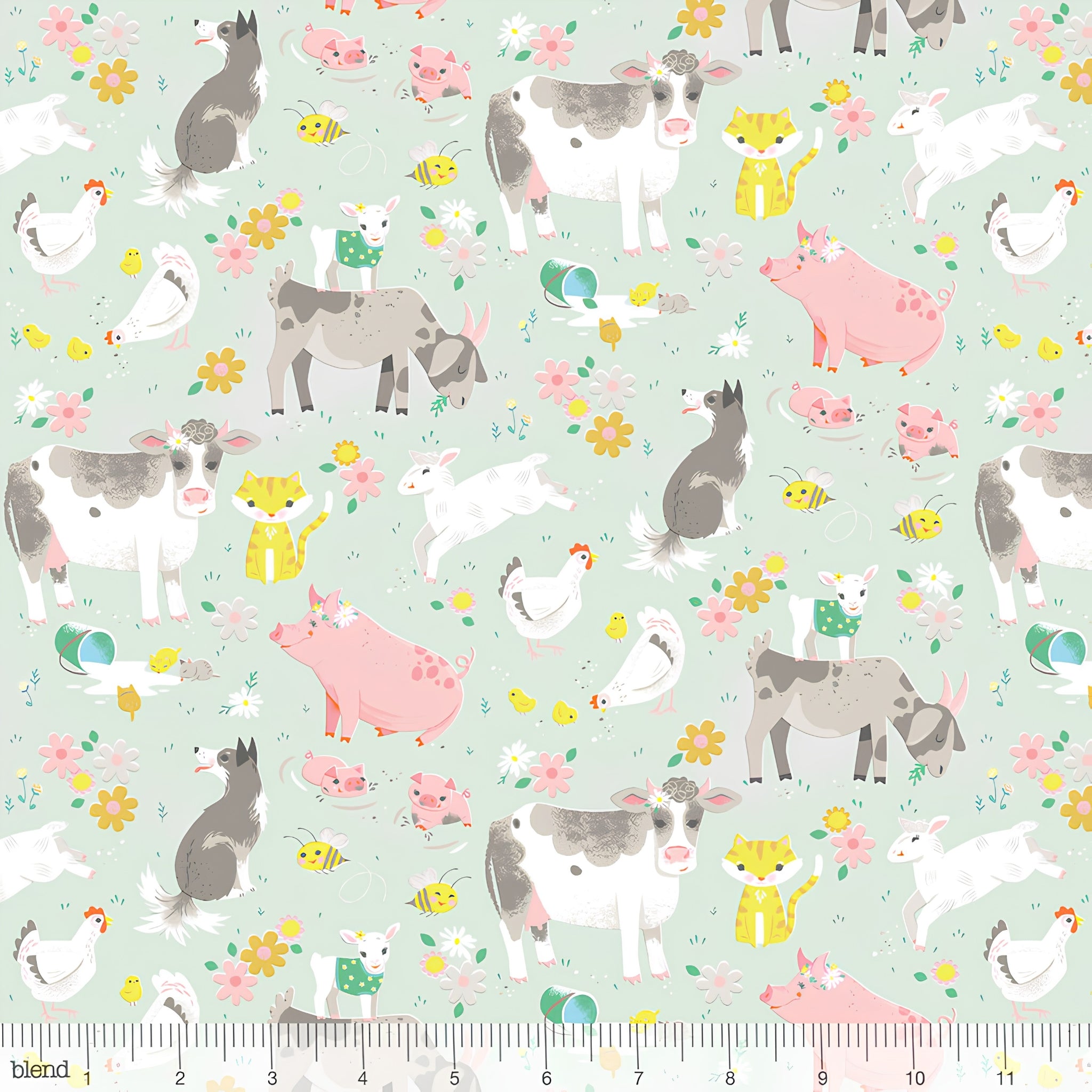 Farm animals cows pigs dogs goats lambs hens chicks cats rabbits soft mint grey fabric for children's quilts nursery décor and farm-themed projects