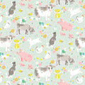 Farm animals cows pigs dogs goats lambs hens chicks cats rabbits soft mint grey fabric for children's quilts nursery décor and farm-themed projects