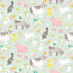 Farm animals cows pigs dogs goats lambs hens chicks cats rabbits soft mint grey fabric for children's quilts nursery décor and farm-themed projects