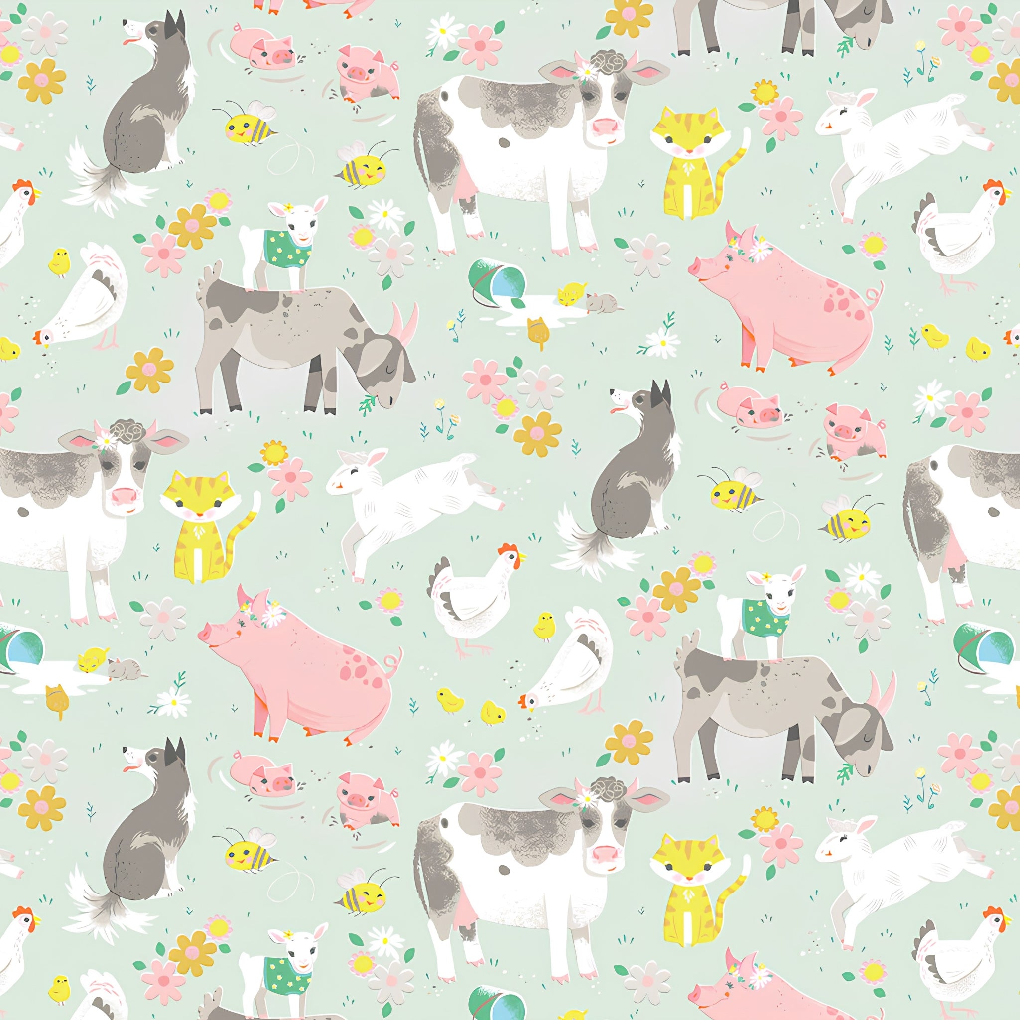 Farm animals cows pigs dogs goats lambs hens chicks cats rabbits soft mint grey fabric for children's quilts nursery décor and farm-themed projects