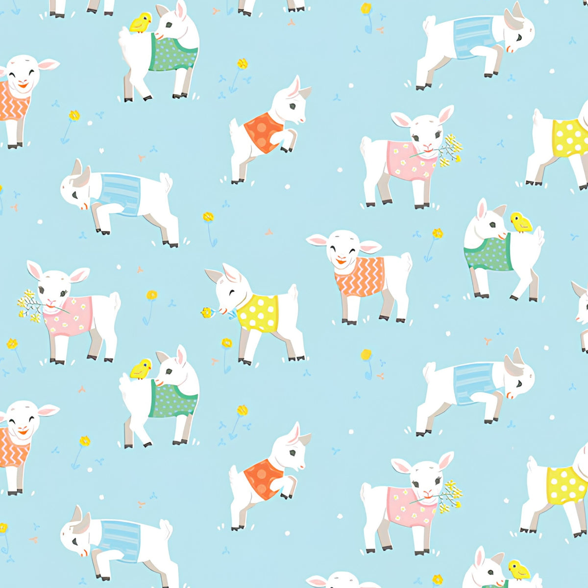 Baby goats lambs colourful knitted jumpers soft blue fabric for baby quilts children's quilts and nursery décor