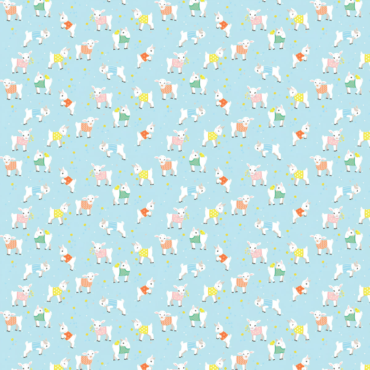 Baby goats lambs colourful knitted jumpers soft blue fabric for baby quilts children's quilts and nursery décor