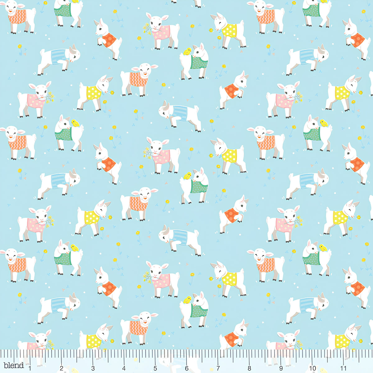 Baby goats lambs colourful knitted jumpers soft blue fabric for baby quilts children's quilts and nursery décor