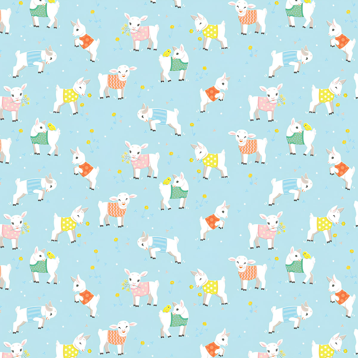 Baby goats lambs colourful knitted jumpers soft blue fabric for baby quilts children's quilts and nursery décor