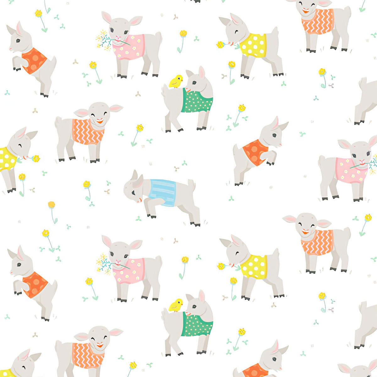 Baby goats lambs colourful knitted jumpers white fabric for baby quilts children's quilts and nursery décor