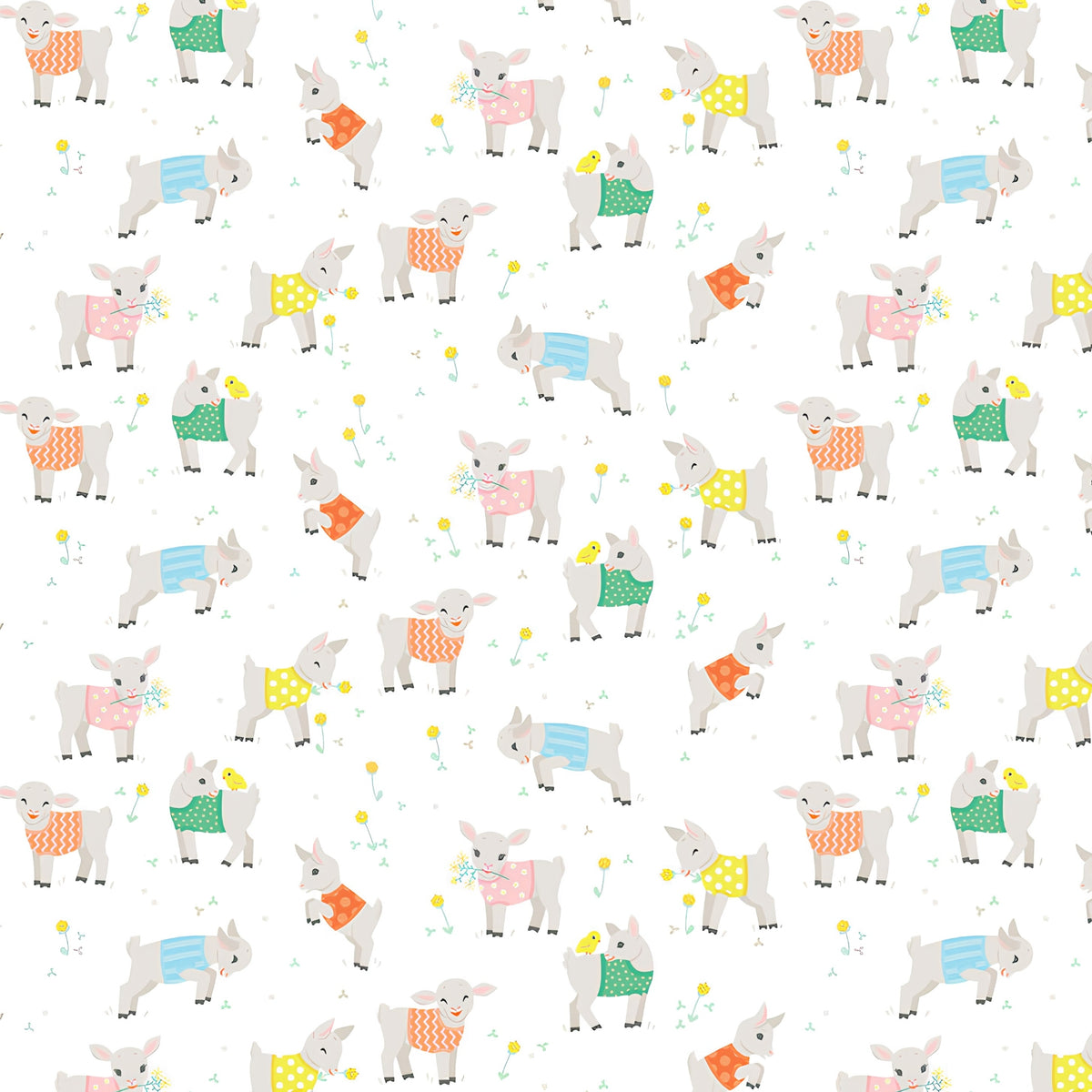Baby goats lambs colourful knitted jumpers white fabric for baby quilts children's quilts and nursery décor